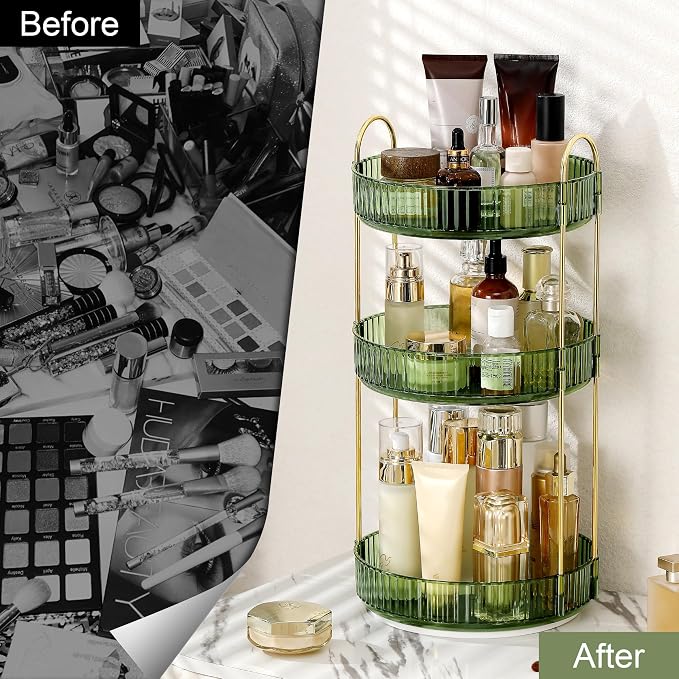360 Rotating Makeup Organizer for Vanity, Bathroom Countertop Spinning Perfume Organizer, High-Capacity Cosmetic and Skincare Dresser Make Up Holder Rack (3 Tiers, Green)
