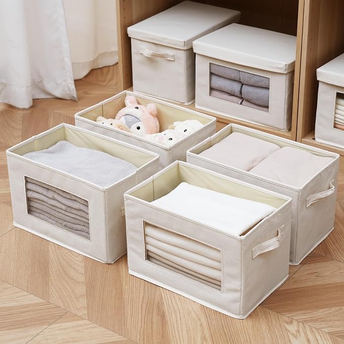 3-Pack Storage Bins with Lids & Clear Window, Foldable Fabric Closet Organizer Boxes, Stackable Cube Baskets with Soft Handles for Clothes & Blankets, 15", Beige