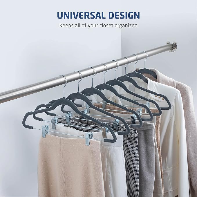 Zober Velvet Hangers with Clips - Pack of 20 Metal Clip Hangers for Pants - Notched Gray Velvet Skirt Hangers for Pants, Skirts, Suits, Dresses & Shirts w/ 360 Degree Hook - Non Slip Felt Hangers
