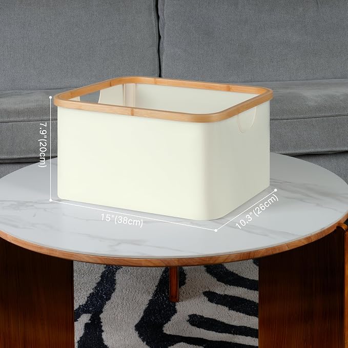 efluky Storage Baskets for Organizing, Fabric Storage Bins with Bamboo Handles, Collapsible Storage Baskets for Shelves and Closet, Beige Set of 2