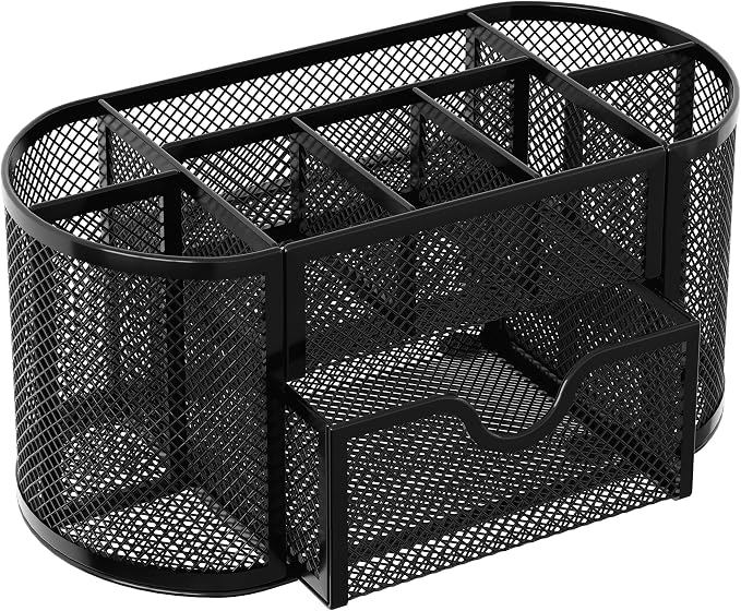 EasyPAG Mesh Pen Holder Desk Organizer with Drawer Stationery Supplies Organizer for Dorm School 9 Compartments Workspace Desk Accessories Organization for Office, Black