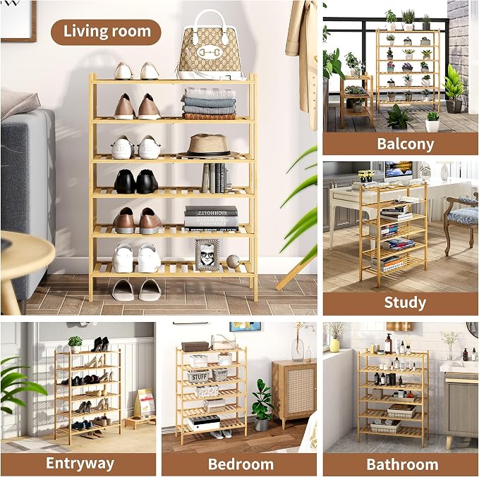 Bamboo Shoe Rack Stackable Shoe Shelf Storage Organizer for Unit Entryway Hallway and Closet Sturdy Freestanding Shelf(6 Tier Natural)