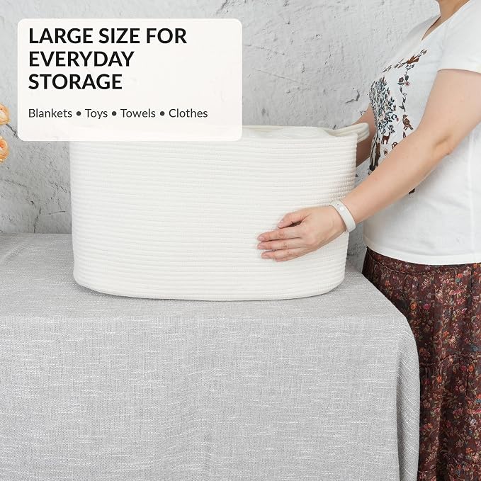 XUANGUO Large Rectangle Blankets Basket Living Room 22"x17"x12" Woven Cotton Rope Storage Baskets for Nursery Toy Baskets for Kids and Dogs Laundry Basket Bin for Clothes Towels white