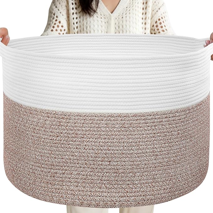 XXXL Large Laundry Basket, 105L Soft Cotton Rope Basket, Blanket Storage and Organizers, Baby Nursery Laundry Hamper, Extra Large Toys Storage Bins for Kids 23.6'' x 14.6'', White & Brown