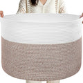 90L Extra Large Blanket Basket for Living Room - Cotton Rope Laundry Hamper Woven Baskets XXL Storage Bin with Handles for Dirty Clothes, Kids, Pets, Toys, Bedroom, 23'' x 23'' x 13'', White & Brown