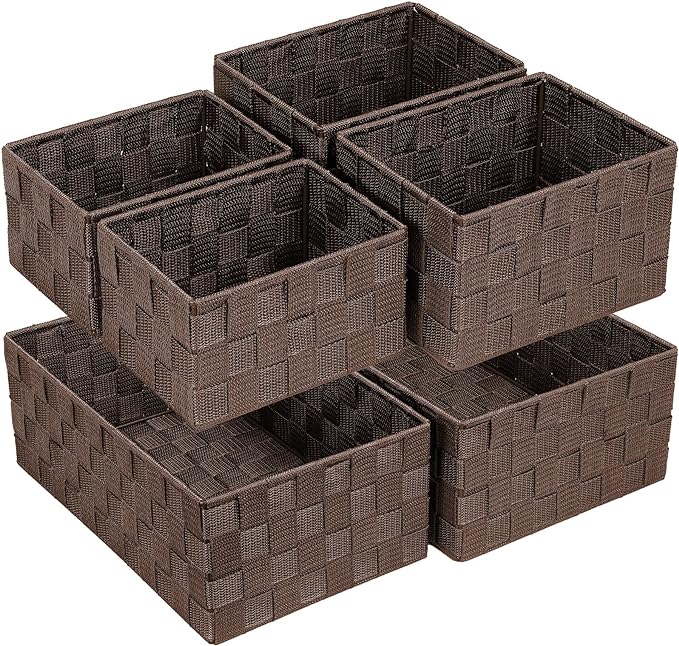 Posprica Woven Storage Baskets for Organizing 6 Pack, Large&Small Storage Cube Bins Set for Bathroom, Storage Boxes Container for Drawer, Closet, Shelf, Dresser, Brown