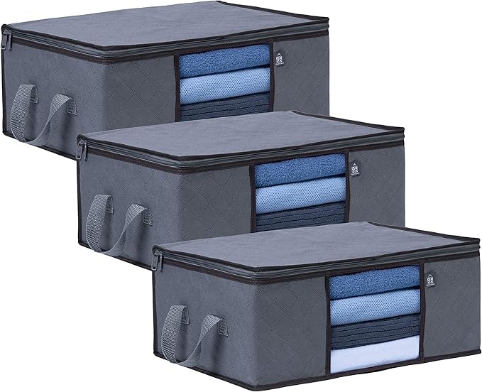 VENO 3 Pack Medium Clothes Storage Bag Organizer with Reinforced Handle, Thick Container Bins for Blankets, Comforters, Bedding, Foldable with Sturdy Zipper, Clear Window, Grey, Reusable (9.5 Gallon)
