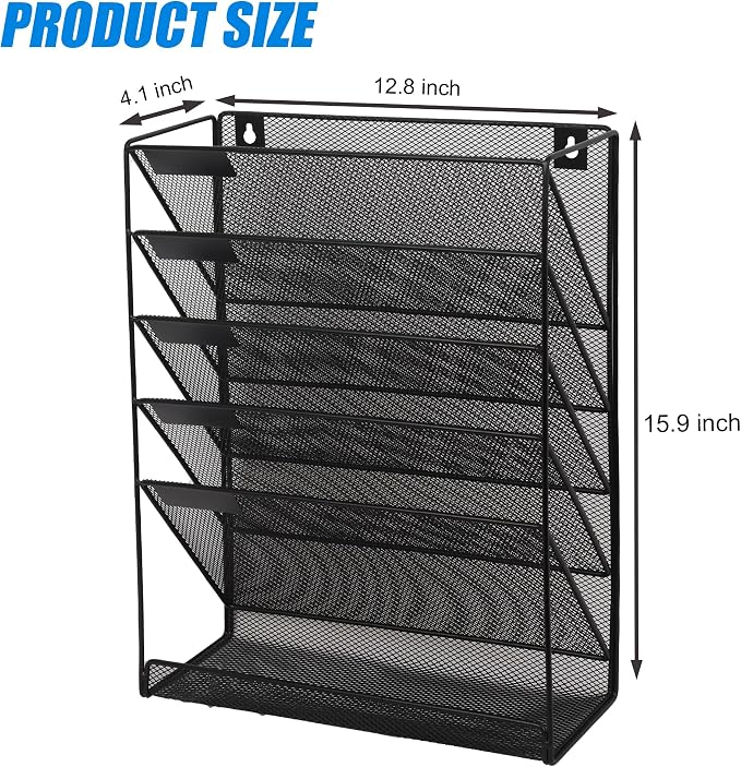 EASEPRES 5+1 Tier Mesh Desk File Organizer, Hanging Wall Mount Document Organization Stand, Desktop Vertical Mail Paper Folder Holder Rack with Bottom Tray for Office Home Cubicle, Black