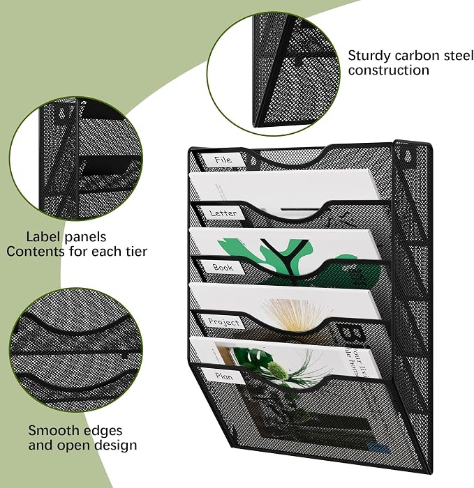 EasyPAG Wall File Organizer 5 Tier Hanging Paper Folder Holder, Zero Assembly Metal Mesh Wall Mounted Mail Organizer for Office Home Classroom Narrow Spaces, Black