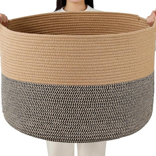 Foldable Laundry Hamper Basket with Collapsible Handle Cotton Rope Soft Woven Fabric Storage Organizer Clothes Toys Nursery Bedroom Dorm Space Saving Bin (Camel & Mix Camel, 115L(23.6"D x 15.7"H))