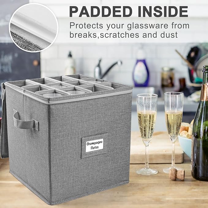 LotFancy Champagne Flute Storage Container for Moving, Hard Shell, 2 Pack Stackable 12" Tall Stemware Storage Box with Dividers & Handles, Wine Glass, Crystal Glassware, Drinkware Case, Gray