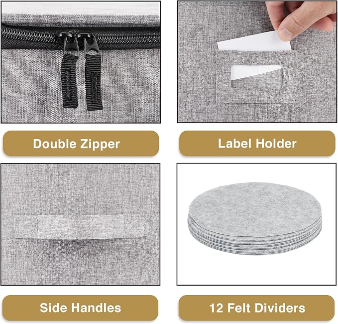 China Storage Case for Bowls or Dessert Plates - Fit plates up to 8" W - Includes 12 Felt Dividers - Hard Shell and Stackable with Fully Padded Interior