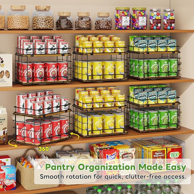 360° Rotating Can Rack Organizer for Pantry, 2-Tier Lazy Susan Can Organizer Holds Up to 26 Soda Cans, Metal Wire & Wood Shelf with Turntable Storage for Kitchen Cabinet, Pantry & Countertop
