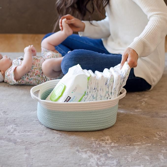 NaturalCozy 3-Piece Oval Storage Basket Set–Cotton Rope Woven Baskets for Storage, Gift Basket Empty, Toy Basket, Soft Baby Basket for Nursery, Cat Dog Toy Baskets, Small Basket (Off White Turquoise)