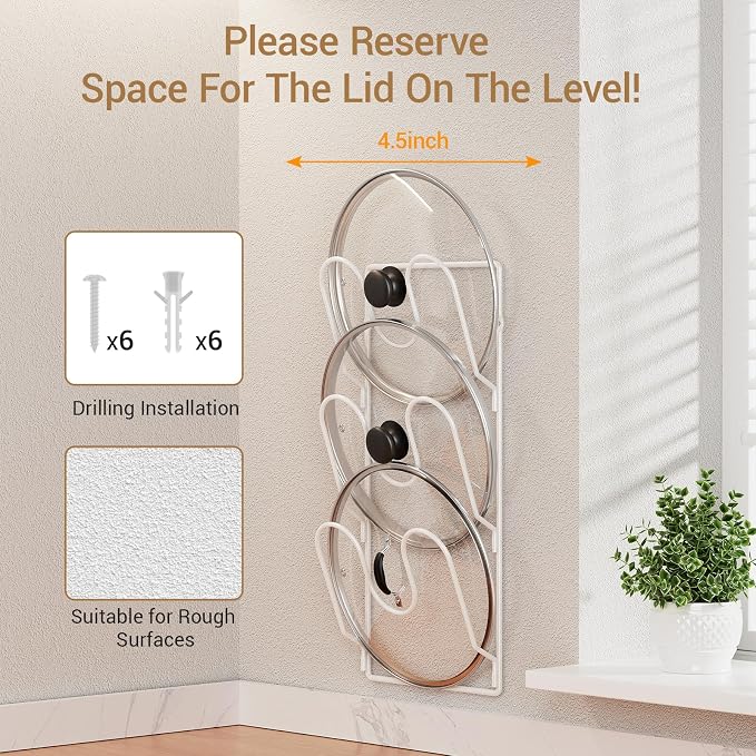 ORDORA 2 Pack Pot Lid Organizer Rack for Cabinet Door, 6-Tier Pot Lid Holders inside Cabinet, No Drilling Adhesive Wall Door Mounted Rustproof Pots and Pans Cover Organizers for Kitchen Storage, White