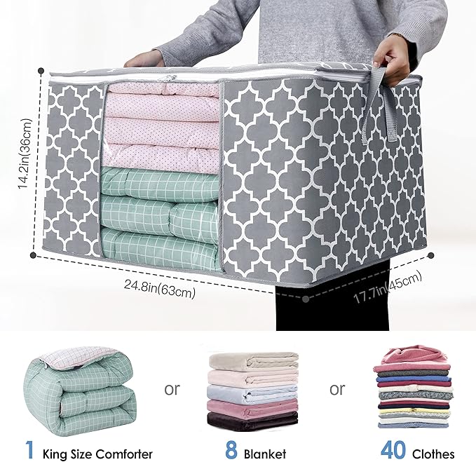 WISELIFE Storage Bags 100L 4-Pack Large Blanket Clothes Organization and Storage Containers for Bedding, Comforters, Foldable Organizer with Reinforced Handle, Clear Window, Sturdy Zippers, Light Grey