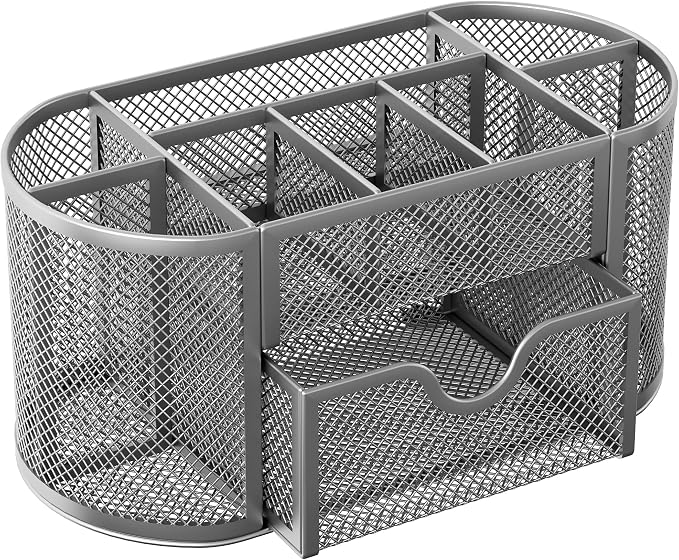 EasyPAG Mesh Pen Holder Desk Organizer with Drawer Stationery Supplies Organizer for Dorm School 9 Compartments Workspace Desk Accessories Organization for Office, Silver