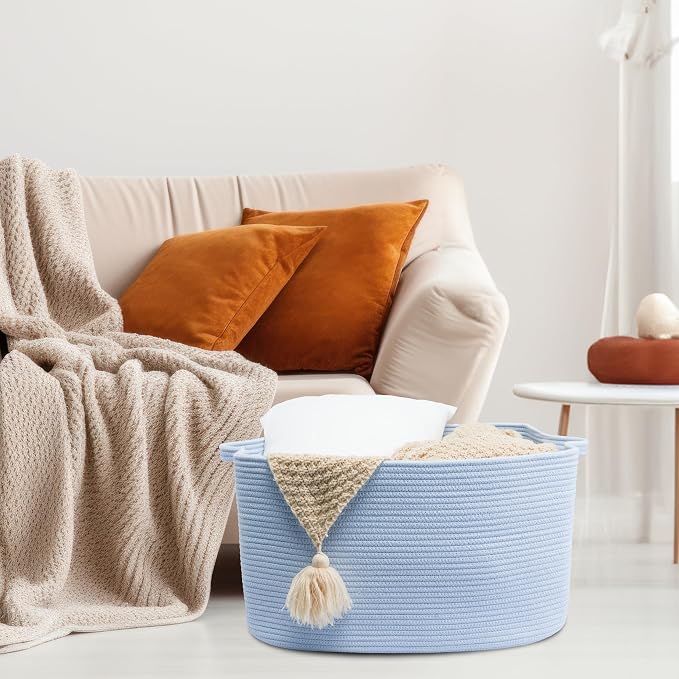 XUANGUO Large Cotton Rope Storage Basket for Blankets, 22" x 17" x 12" Rectangle Woven Basket Bin for Living Room, Nursery, Kids & Dog Toys, Laundry basket for Clothes & Towels,Gift basket Blue