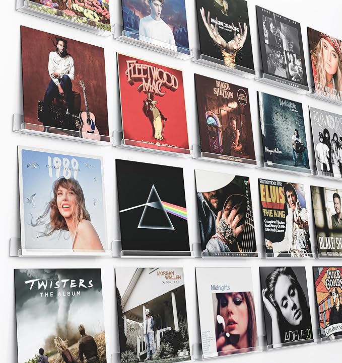 Laurensory Vinyl Record Wall Mount Shelves, 12 inch Vinyl Holder, 20 Pack | Clear Acrylic Floating Shelves for Album Record Storage Display, Wall Decor, Magazine Rack, Kids Bookshelf, Picture Ledge