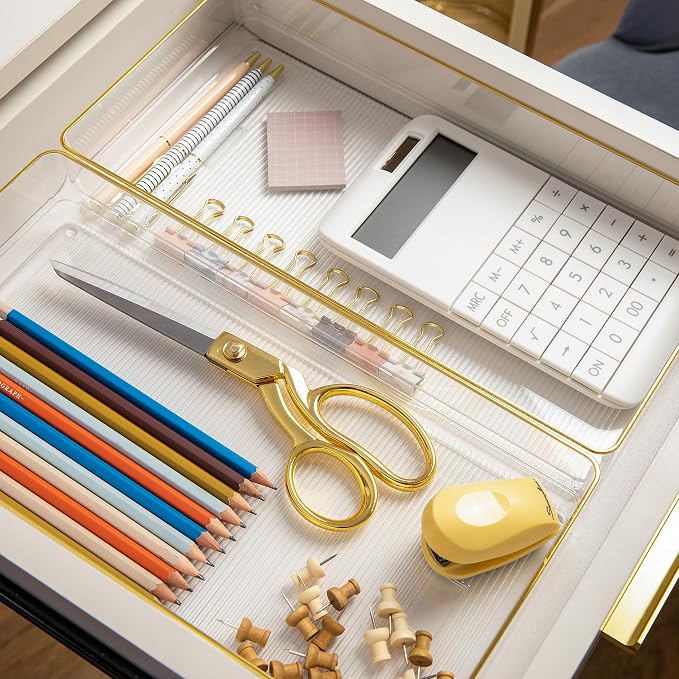 Martha Stewart Kerry Plastic Stackable Office Desk Drawer Organizers, 12" x 6", 3 Pack, with Gold Trim