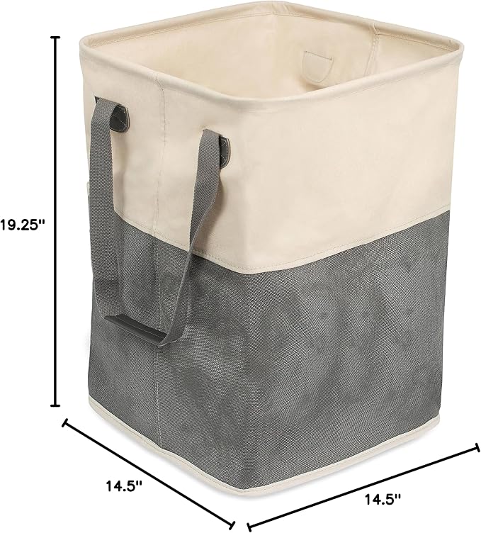 BirdRock Home Square Cloth Laundry Hamper with Handles - Dirty Clothes Sorter - Easy Storage - Foldable - Grey and White Canvas