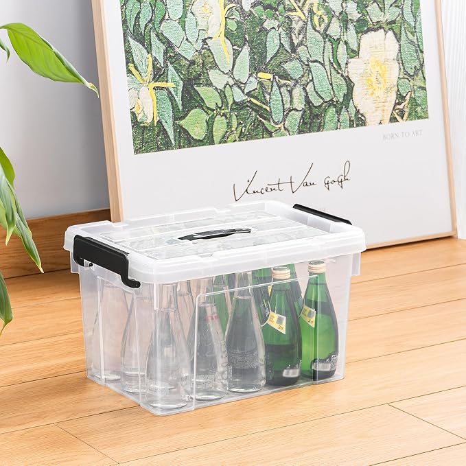 Cetomo Lidded Storage Bin with Handle, Tote Organizing Container with Durable Lid and Secure Latching Buckles, Stackable and Nestable, Plastic, 25 Quart-4 Pack, Clear