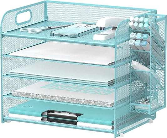 SUPEASY 5 Tier Desk Organizer with Handle & Removable Pen Holders, Mesh Paper/File Organizer for Desk, Paper Letter Tray Organizer for Office Supplies (Blue)