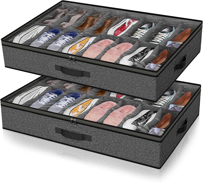 Under Bed Shoe Storage Organizer for Closet, 24 Pairs Sturdy Underbed Shoe Storage Boxes Bins Container Foldable Shoes Storage with Reinforced Handles & Clear Window for College Dorms Grey, Set of 2