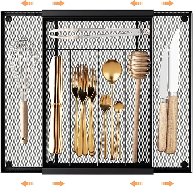 Sedegn Silverware Organizer Metal Mesh, Drawer Organizer, Utensil Cutlery Tray for kitchen drawers,Expandable Flatware Organizer with 7 Compartment Black 9.6"~16.1" x 13.8"