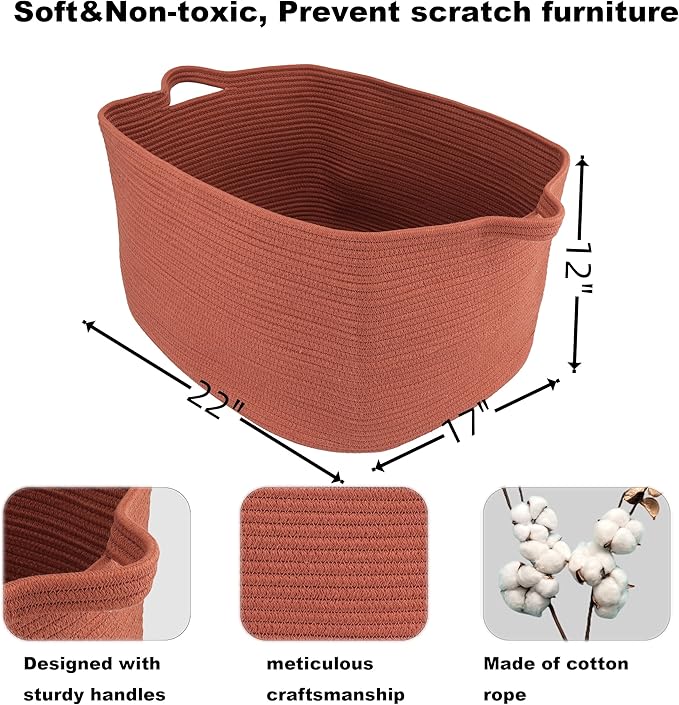 XUANGUO Large Rectangle Blankets Basket Living Room 22"x17"x12" Woven Cotton Rope Storage Baskets for Nursery Toy Baskets for Kids and Dogs Wicker Laundry Basket Bin for Clothes Towels rustic