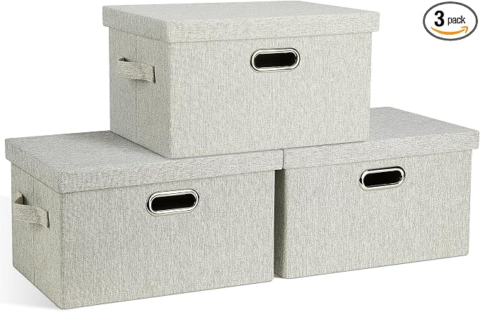 Graciadeco Medium 15" 21 Quart Collapsible Stackable Storage Bins with Lids, 3 Packs Beige Foldable Fabric Closet Boxes Heavy-duty Linen Cube Baskets Container for Bedroom Office (15 x 11 x 8)