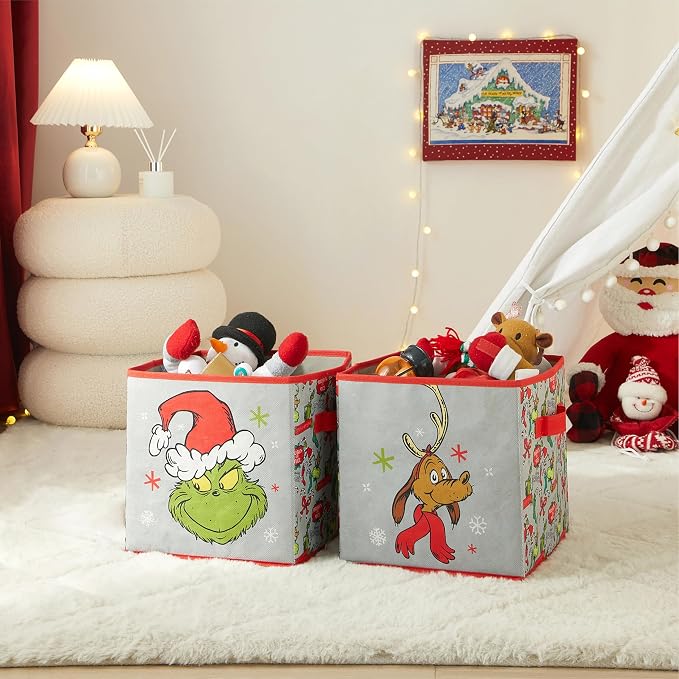 Idea Nuova Storage Cubes for Kids,2 Pack Collapsible Fabric Bins with Handles, Holiday Organizer Boxes for Bedroom, Playroom & Nursery, Festive Christmas Storage Baskets,Grinch Dr. Seuss