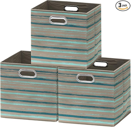 Simple Houseware 13-Inch Collapsible Fabric Cube Storage Bin with Handles, Printed Design, 3 Pack, Green