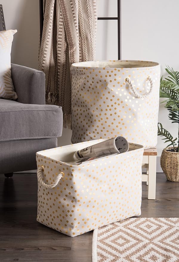 DII Polyester Storage Bin, Gold Metallic Collection Collapsible with Handles, Large, Natural Off-White