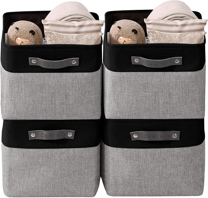 DECOMOMO Storage Bins, Large Fabric Storage Baskets for Shelves, Decorative Linen Closet Organizer, 15 x 11 x 9.5 inches (Grey & Black, 4 Pack)