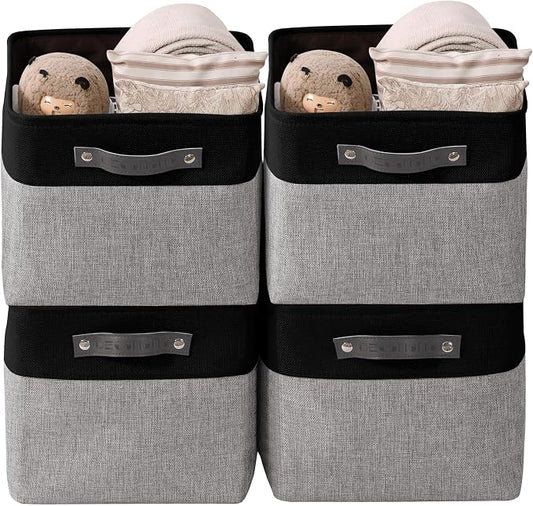 DECOMOMO Storage Bins, Large Fabric Storage Baskets for Shelves, Decorative Linen Closet Organizer, 15 x 11 x 9.5 inches (Grey & Black, 4 Pack)