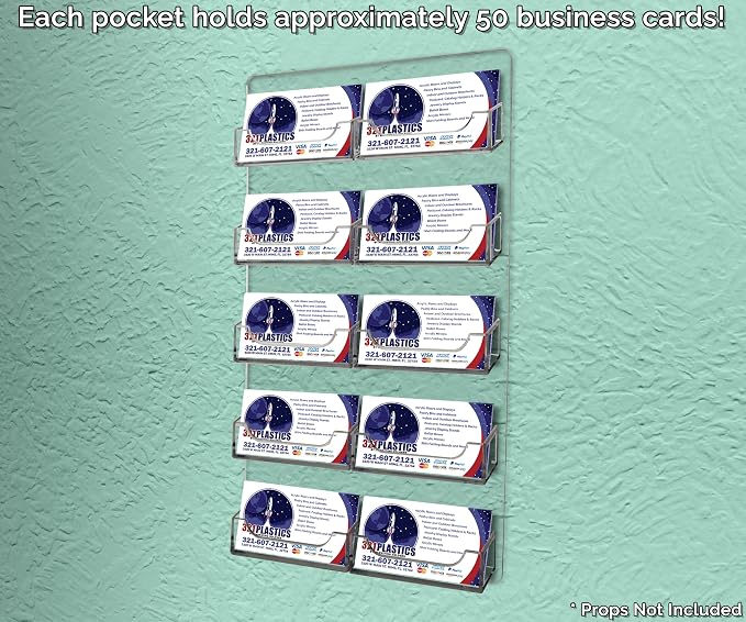 Marketing Holders Hanging Business Card Holder 10 Pocket with Hardware for 3.5" x 2" Contact Info Cards Multi Slot Space Saving Rack Wall Mount Organizer Clear Acrylic Display