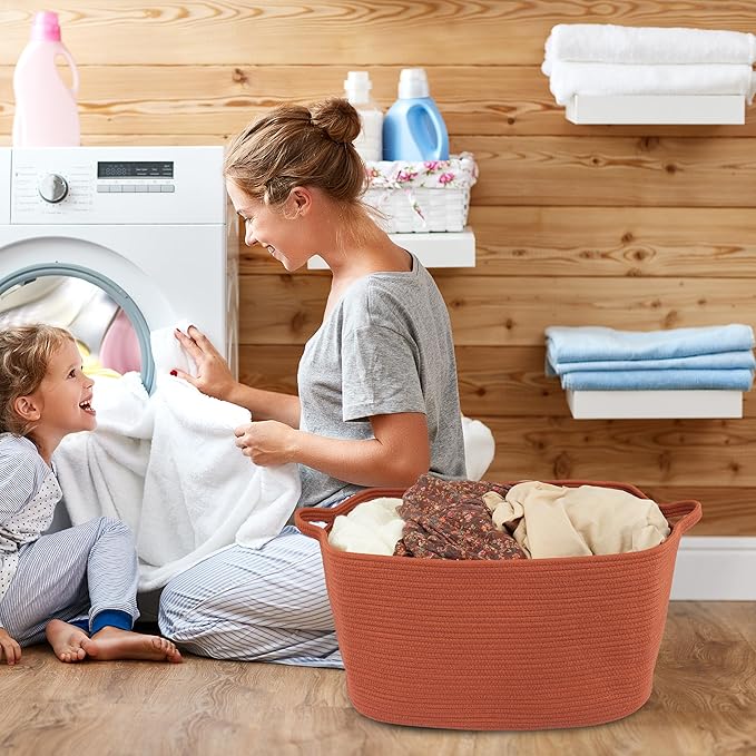 XUANGUO Large Rectangle Blankets Basket Living Room 22"x17"x12" Woven Cotton Rope Storage Baskets for Nursery Toy Baskets for Kids and Dogs Wicker Laundry Basket Bin for Clothes Towels rustic