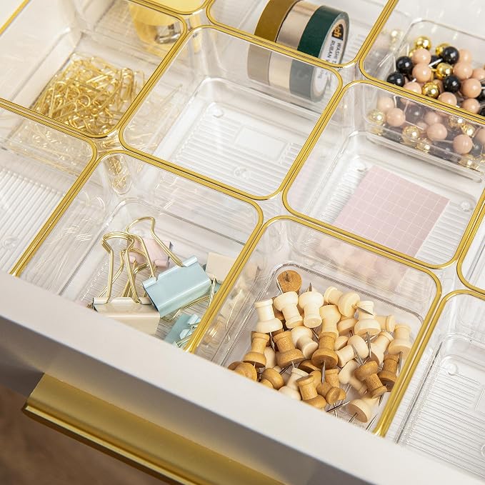 Martha Stewart Kerry Plastic Stackable Office Desk Drawer Organizers, 3" x 3", 12 Pack, with Gold Trim