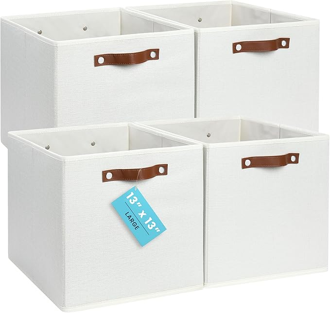 OrganiHaus 13x13 Cube Storage Bins, Set of 4 - Fabric Storage Cubes | Sturdy, holds its shape; odor-free; fits IKEA Kallax and Expedit; vegan leather handles