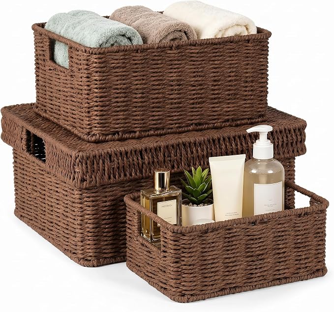 Wicker Storage Basket with Lid - Woven Basket for Storage,Rectangular Decorative Boxes Bins with Lids for Shelves,living room, Nursery, 3 baskets+1 lids(Dark Brown)