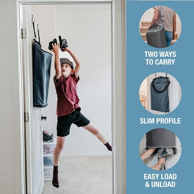 CleverMade Convertible Hanging Laundry Hamper, 21.5L, Over-the-Door, Ocean | Bottom zipper, removable carry strap and door hooks simplify unloading and hauling in dorms, bedrooms, bathrooms and RVs
