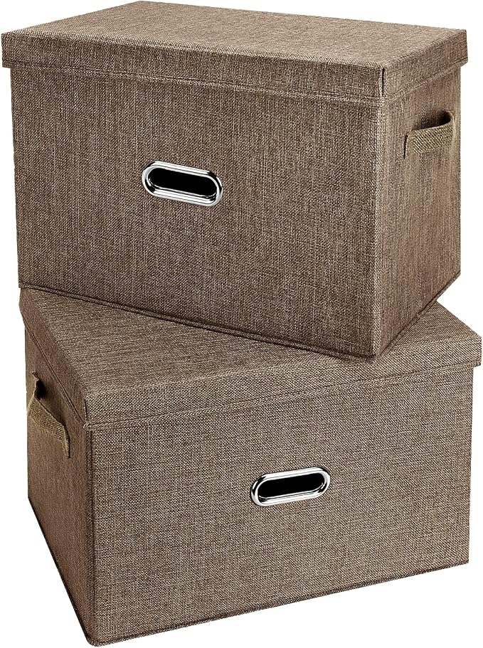 Large Linen Fabric Foldable Storage Bins with Removable Lid and Handles, Washable Storage Box Organizer Containers Baskets Cube with Cover for Bedroom,Office(Coffee, XXL(2-Pack))