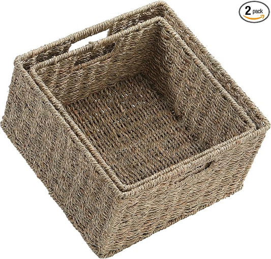 HOONEX Wicker Storage Baskets for Organizing, Decorative Woven Seagrass Baskets for Storage with Carrying Handles, Set of 2, Natural