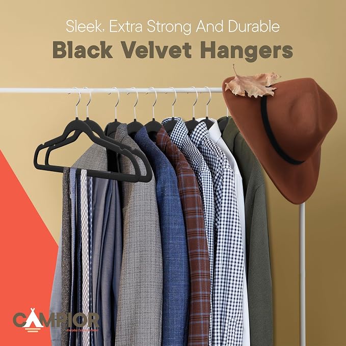 Black Velvet Hangers 30 Pack – 360° Swivel Hook, Non-Slip and Space Saving Hangers, Heavy-Duty 11 lbs Weight Capacity - Smooth Velvet Finish for Crease-Free Clothes and Effortless Closet Organization