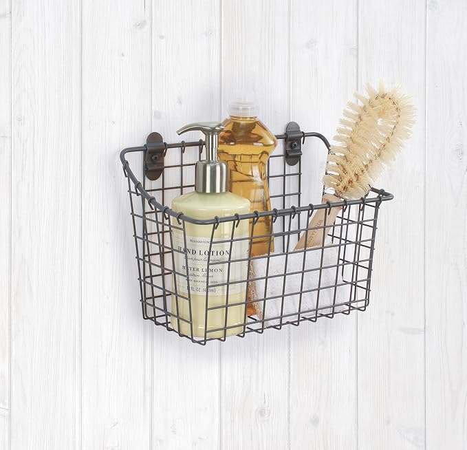 Spectrum Large Wall Mounted Wire Basket Industrial Gray Kitchen Wall Mount Organizer Storage Basket, Wire Basket for Kitchen Bathroom Pantry Organization, Wall Hanging Wire Caddy for Modern Homes