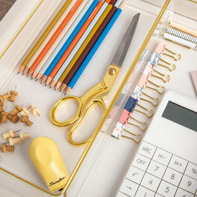 Martha Stewart Kerry Plastic Stackable Office Desk Drawer Organizers, 12" x 6", 3 Pack, with Gold Trim