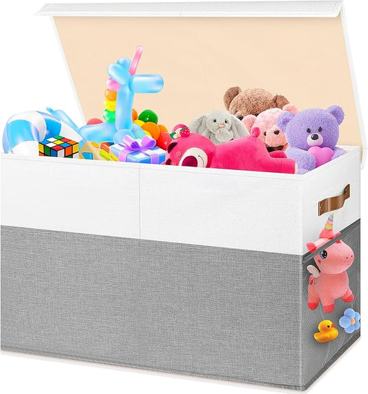 Mabahoo Large Toy Box, Collapsible Sturdy Storage Chest With Lids, Kids Toy Chest Storage Organizer Toddler Bin Boxes for Living Room, Bedroom, Nursery, 25"x13"x16", White & Gray