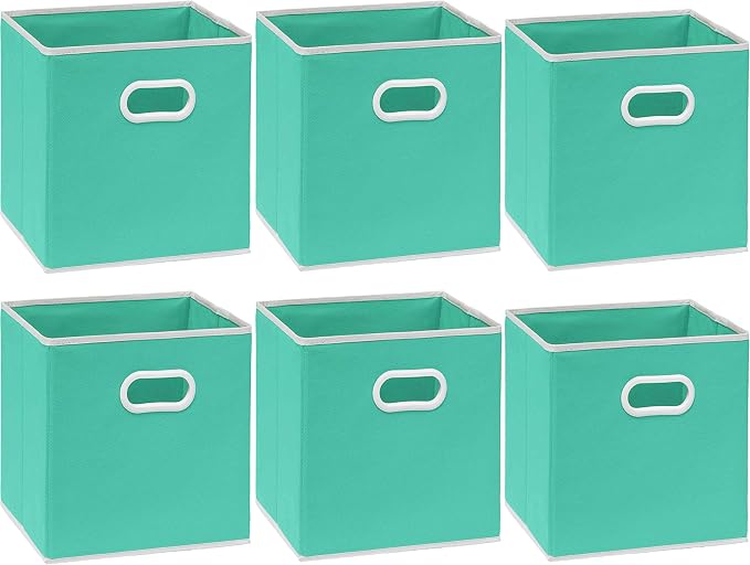Simple Houseware Foldable Cube Storage Bins with Handles, 11-Inch, Turquoise, 6-Pack, Fabric Cubes Organizer for Closet or Shelves