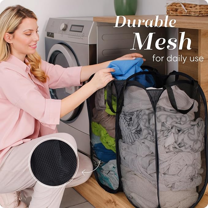 Double Laundry Hamper, Pop Up Mesh 2 Section - Handy Laundry Collapsible Divided Hamper, Large 44 Gallon Foldable Basket with Reinforced Handles for College Dorm, Travel, Home, Black